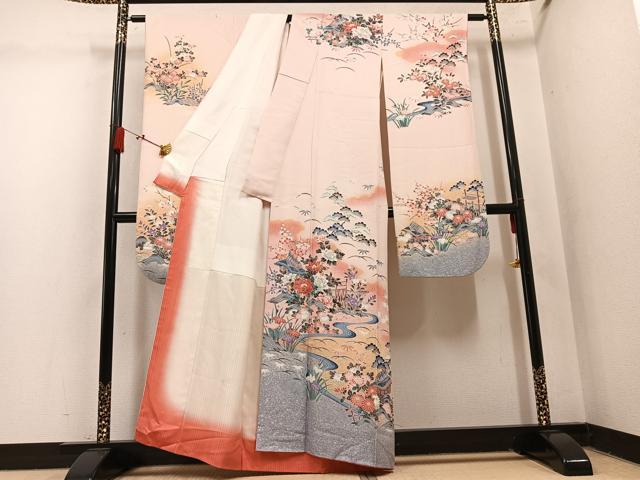 平和屋着物●豪華振袖　風景草花文　暈し染め　金彩　銀通し地　正絹　逸品　AABM3376ph