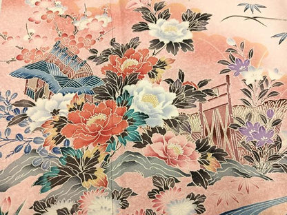 平和屋着物●豪華振袖　風景草花文　暈し染め　金彩　銀通し地　正絹　逸品　AABM3376ph