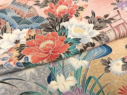 平和屋着物●豪華振袖　風景草花文　暈し染め　金彩　銀通し地　正絹　逸品　AABM3376ph
