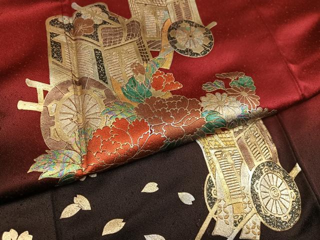 平和屋着物●豪華振袖　御所車花文　暈し染め　金銀彩　正絹　逸品　AABM3384ph