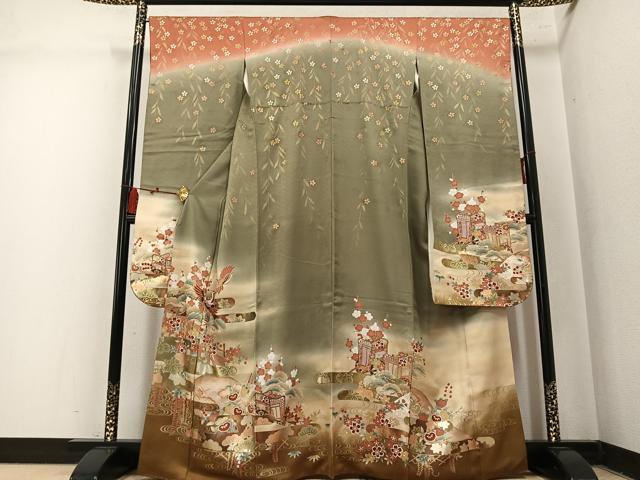 平和屋着物●豪華振袖　飛鶴御所車花文　暈し染め　金彩　正絹　逸品　AABM3387ph