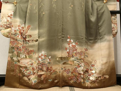 平和屋着物●豪華振袖　飛鶴御所車花文　暈し染め　金彩　正絹　逸品　AABM3387ph