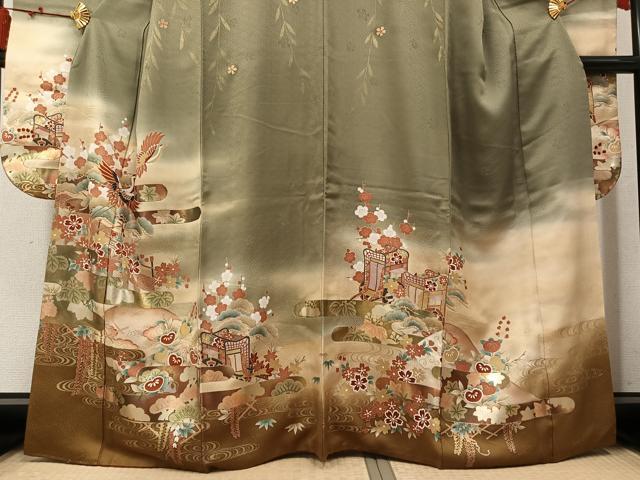 平和屋着物●豪華振袖　飛鶴御所車花文　暈し染め　金彩　正絹　逸品　AABM3387ph