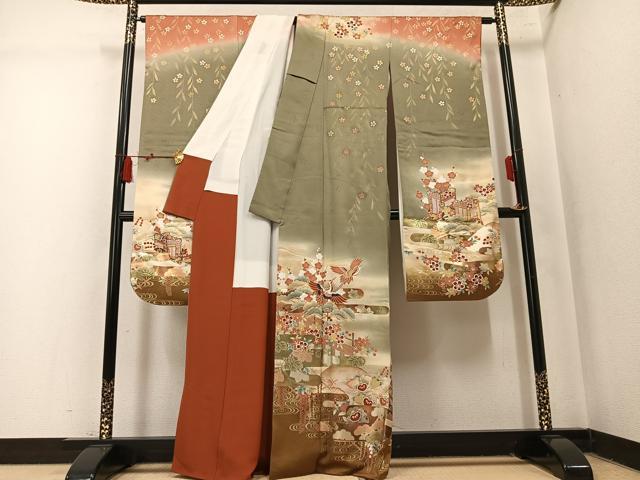 平和屋着物●豪華振袖　飛鶴御所車花文　暈し染め　金彩　正絹　逸品　AABM3387ph