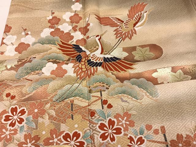 平和屋着物●豪華振袖　飛鶴御所車花文　暈し染め　金彩　正絹　逸品　AABM3387ph