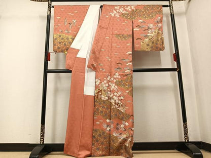 平和屋着物●訪問着　駒刺繍　草花文　金彩　正絹　逸品　AABM3389ph