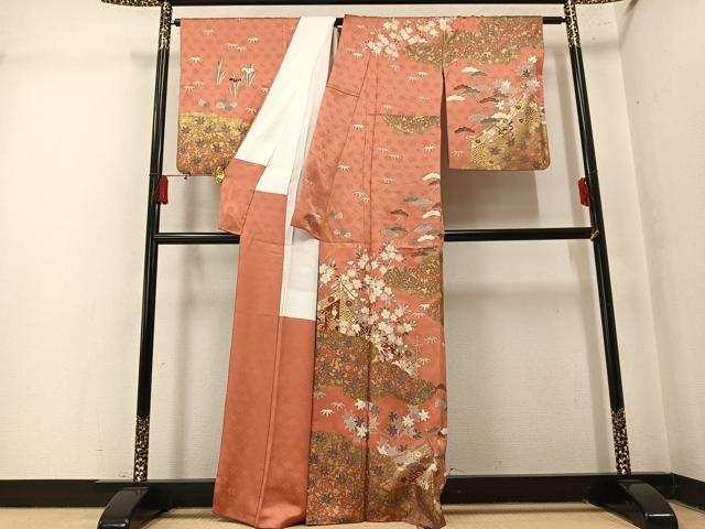平和屋着物●訪問着　駒刺繍　草花文　金彩　正絹　逸品　AABM3389ph