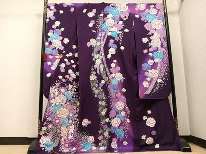 平和屋着物●豪華振袖　刺繍　舞花文　暈し染め　銀彩　銀通し地　ロング丈　正絹　逸品　AABM3393ph