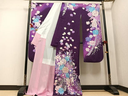 平和屋着物●豪華振袖　刺繍　舞花文　暈し染め　銀彩　銀通し地　ロング丈　正絹　逸品　AABM3393ph