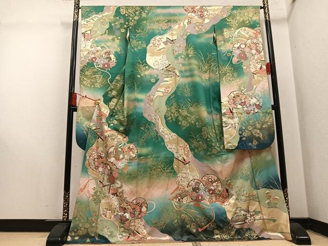 平和屋着物●フランソワーズ・モレシャン　振袖　檜扇女人花鼓文　暈し染め　金銀彩　正絹　逸品　AABM3400ph