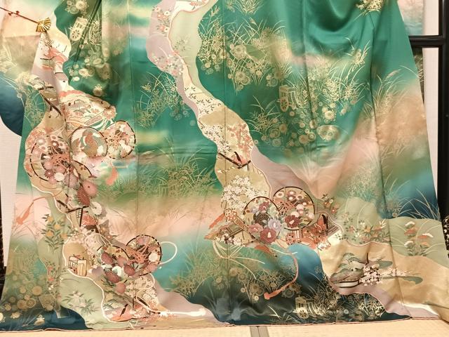 平和屋着物●フランソワーズ・モレシャン　振袖　檜扇女人花鼓文　暈し染め　金銀彩　正絹　逸品　AABM3400ph