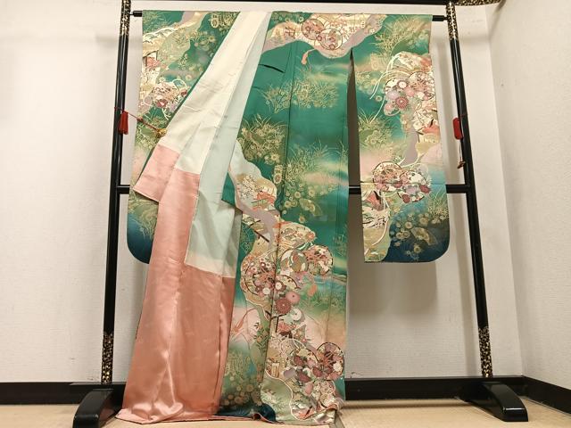 平和屋着物●フランソワーズ・モレシャン　振袖　檜扇女人花鼓文　暈し染め　金銀彩　正絹　逸品　AABM3400ph