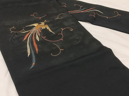平和屋着物◎九寸名古屋帯　刺繍　鳳凰唐草文　黒地　金銀糸　正絹　逸品　AABM3403dk