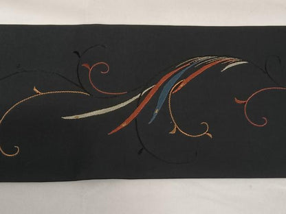 平和屋着物◎九寸名古屋帯　刺繍　鳳凰唐草文　黒地　金銀糸　正絹　逸品　AABM3403dk