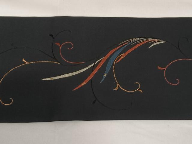 平和屋着物◎九寸名古屋帯　刺繍　鳳凰唐草文　黒地　金銀糸　正絹　逸品　AABM3403dk