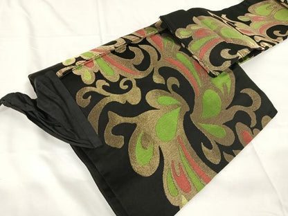 平和屋着物◎つけ帯　唐草文　黒地　金糸　正絹　逸品　AABM3406dk