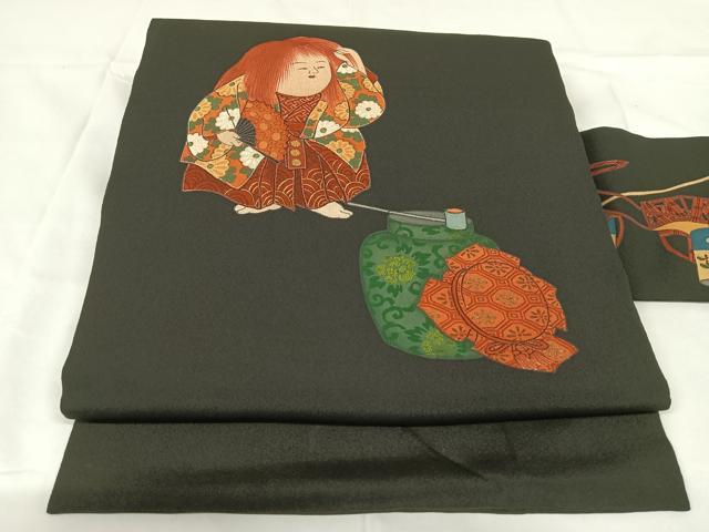 平和屋着物◎九寸名古屋帯　刺繍　人物文　黒地　金糸　正絹　逸品　AABM3426dk