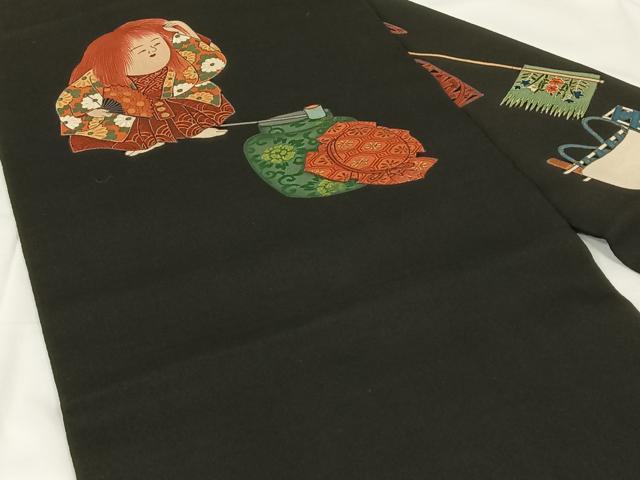 平和屋着物◎九寸名古屋帯　刺繍　人物文　黒地　金糸　正絹　逸品　AABM3426dk
