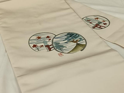 平和屋着物◎九寸名古屋帯　作家物　手描き　風景丸文　AABM3428dk