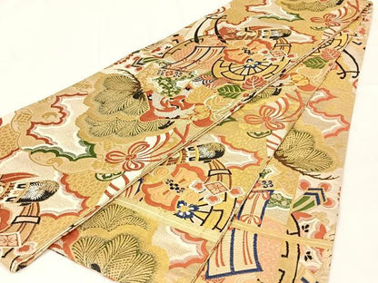 平和屋着物◎アンティーク　大正ロマン　丸帯　御所車宝尽くし　金糸　正絹　逸品　AABM3430dk