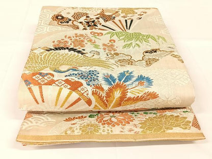 平和屋着物◎アンティーク　大正ロマン　丸帯　扇面飛鶴花文　金糸　正絹　逸品　AABM3431dk