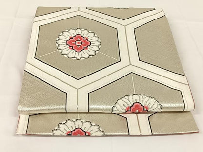 平和屋着物◎六通柄袋帯　唐織　花亀甲文　銀糸　正絹　逸品　AABM3433dk