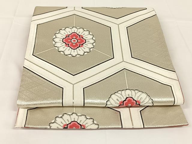 平和屋着物◎六通柄袋帯　唐織　花亀甲文　銀糸　正絹　逸品　AABM3433dk