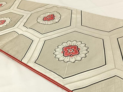 平和屋着物◎六通柄袋帯　唐織　花亀甲文　銀糸　正絹　逸品　AABM3433dk