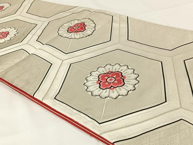 平和屋着物◎六通柄袋帯　唐織　花亀甲文　銀糸　正絹　逸品　AABM3433dk