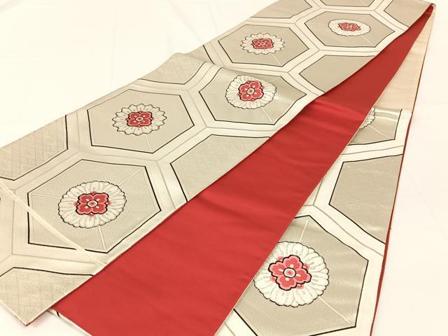 平和屋着物◎六通柄袋帯　唐織　花亀甲文　銀糸　正絹　逸品　AABM3433dk