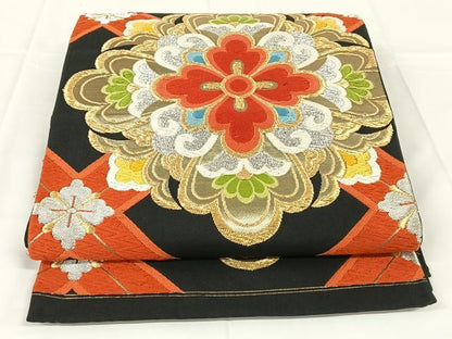 平和屋着物◎六通柄袋帯　唐織　蜀江花文　黒地　金銀糸　正絹　逸品　AABM3440dk