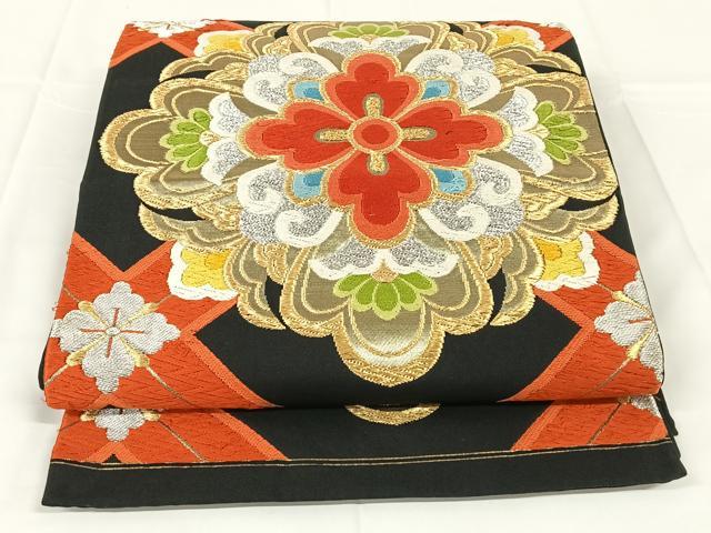 平和屋着物◎六通柄袋帯　唐織　蜀江花文　黒地　金銀糸　正絹　逸品　AABM3440dk