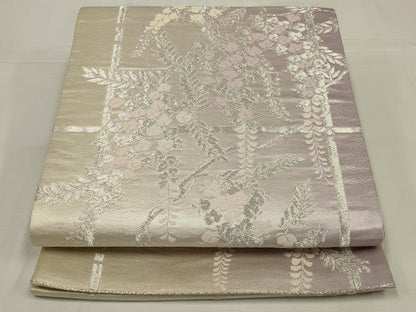 平和屋着物◎六通柄袋帯　唐織　草花文　銀糸　正絹　逸品　AABM3441ou