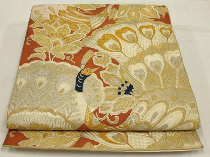平和屋着物◎六通柄袋帯　唐織　孔雀文　金銀糸　正絹　逸品　AABM3443ou
