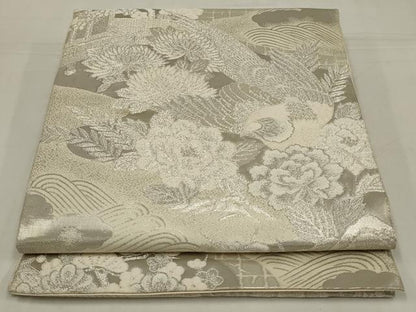 平和屋着物◎六通柄袋帯　唐織　花鳥文　銀糸　正絹　逸品　AABM3446ou