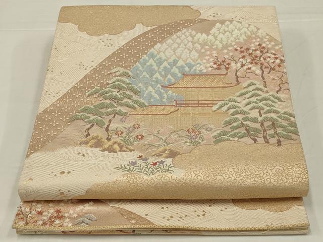 平和屋着物◎六通柄袋帯　唐織　風景文　金糸　正絹　逸品　AABM3452ou