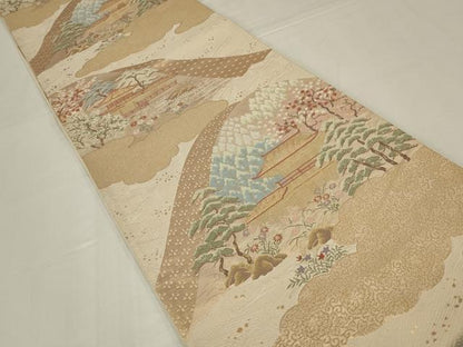 平和屋着物◎六通柄袋帯　唐織　風景文　金糸　正絹　逸品　AABM3452ou