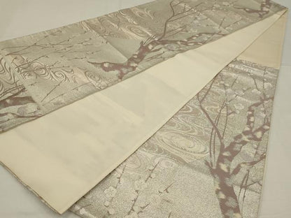 平和屋着物◎六通柄袋帯　流水枝梅文　銀糸　正絹　逸品　AABM3458ou