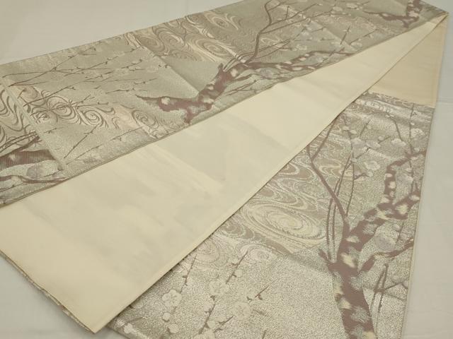 平和屋着物◎六通柄袋帯　流水枝梅文　銀糸　正絹　逸品　AABM3458ou