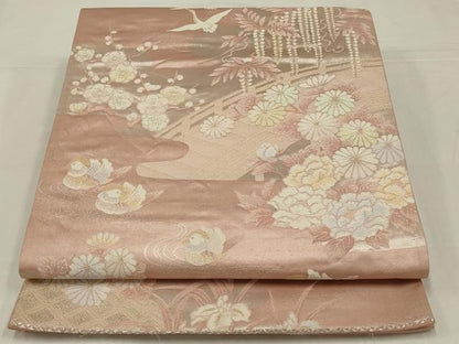 平和屋着物◎六通柄袋帯　唐織　渡り橋花鳥文　金銀糸　正絹　逸品　AABM3461ou