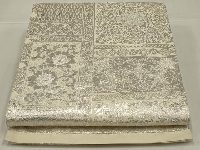 平和屋着物◎六通柄袋帯　更紗花文　銀糸　正絹　逸品　AABM3465ou