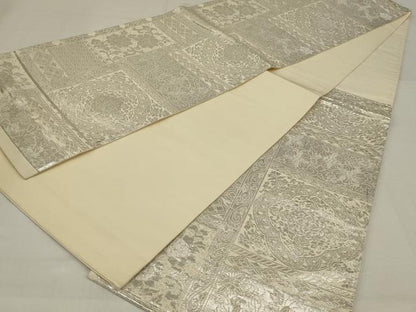 平和屋着物◎六通柄袋帯　更紗花文　銀糸　正絹　逸品　AABM3465ou