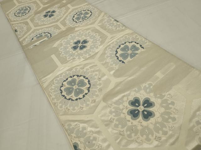 平和屋着物◎六通柄袋帯　唐織　亀甲花文　銀糸　正絹　逸品　AABM3470ou