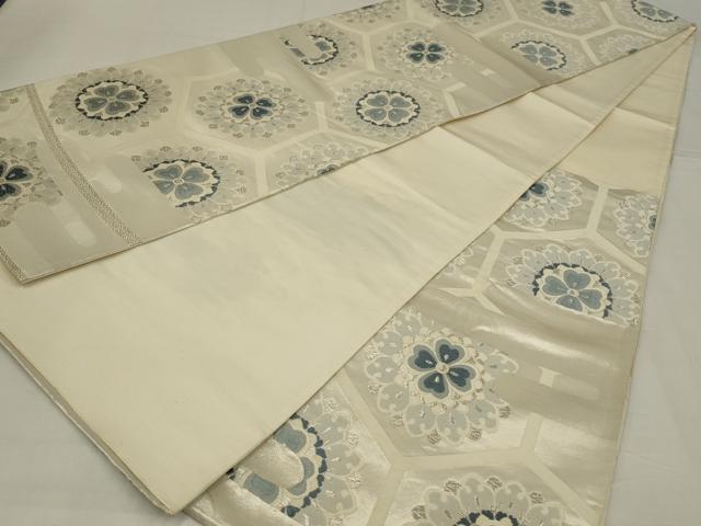 平和屋着物◎六通柄袋帯　唐織　亀甲花文　銀糸　正絹　逸品　AABM3470ou