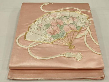 平和屋着物◎太鼓柄袋帯　駒刺繍　扇面花文　金糸　正絹　逸品　AABM3474ou