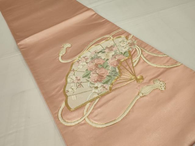 平和屋着物◎太鼓柄袋帯　駒刺繍　扇面花文　金糸　正絹　逸品　AABM3474ou