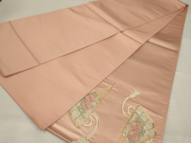 平和屋着物◎太鼓柄袋帯　駒刺繍　扇面花文　金糸　正絹　逸品　AABM3474ou