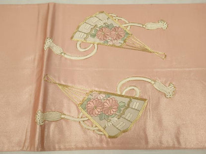 平和屋着物◎太鼓柄袋帯　駒刺繍　扇面花文　金糸　正絹　逸品　AABM3474ou