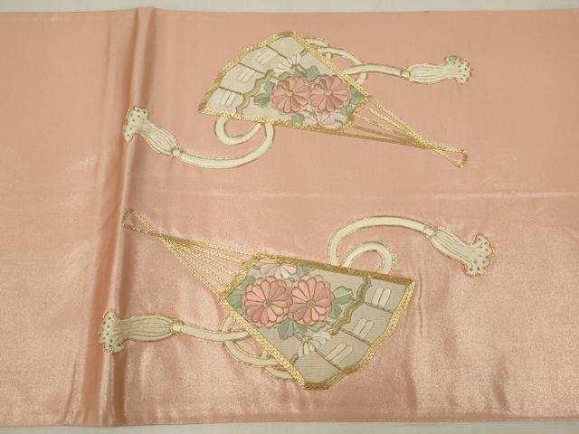 平和屋着物◎太鼓柄袋帯　駒刺繍　扇面花文　金糸　正絹　逸品　AABM3474ou
