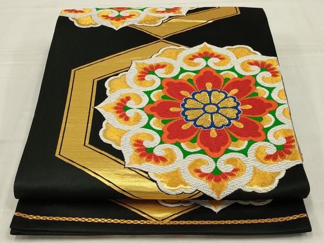平和屋着物◎六通柄袋帯　亀甲花文　黒地　金糸　正絹　逸品　AABM3475ou